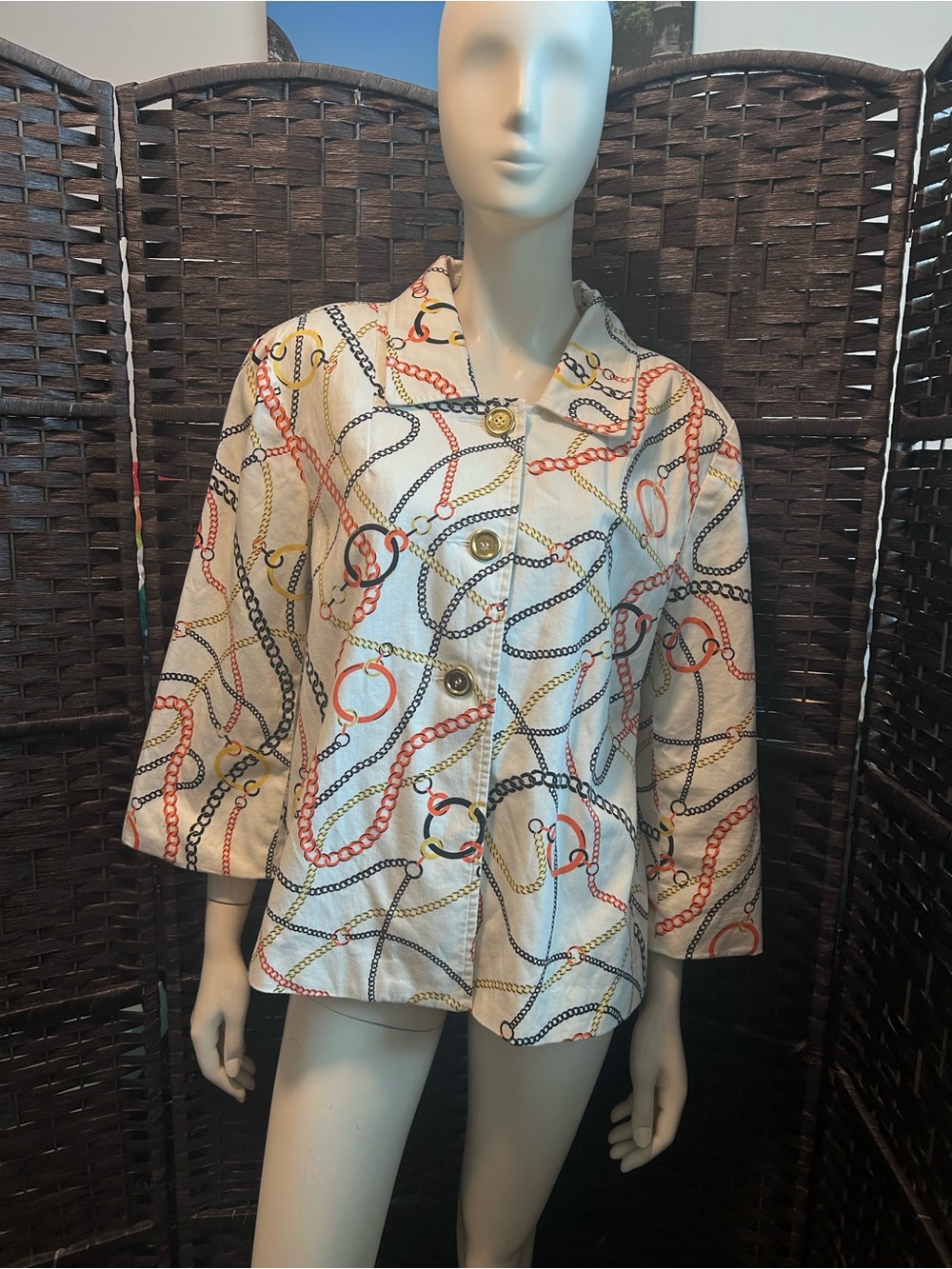 Sag Harbor Gold Rush Chain-Print 3 Gold Button Front 3/4 sleeve Jacket size XL